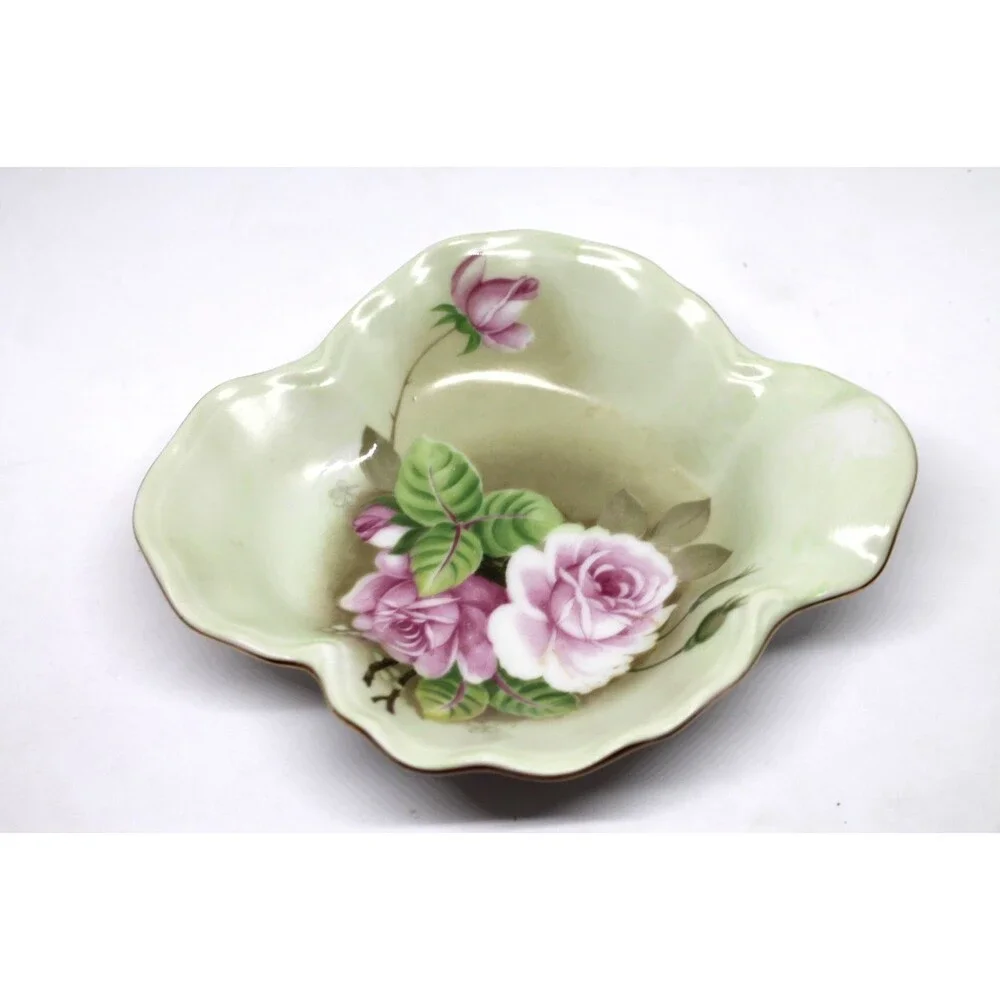 Lefton Bone China Heritage Green Cabbage Rose 1860 Candy Trinket Dish 05862